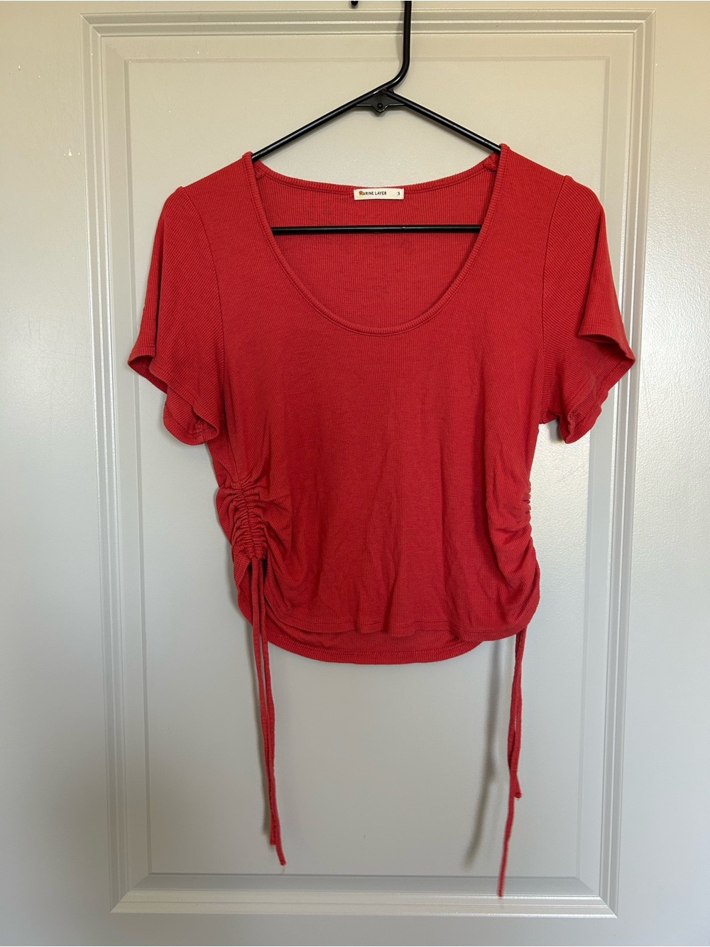 Marine Layer Red Short Sleeve Scoop Neck Ruched Tie Top